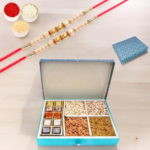 Ghasitaram Gifts Rakhi Gifts for Brothers Dryfruit - Blue 6 Part of Assorted Bites 10 pcs, Almonds, Cashews, Pistachio and Raisins with 2 Pearl Rakhis von Ghasitaram Gifts