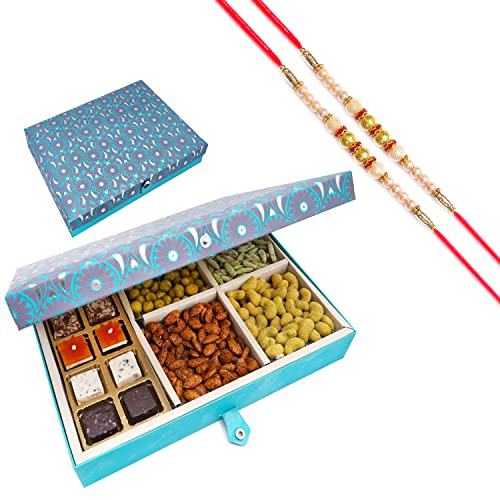 Ghasitaram Gifts Rakhi Gifts for Brothers Dryfruit - Blue 6 Part of Assorted Bites 10 pcs, Crunchy Cashews, Crunchy Peanuts, Peri Peri Almonds, Paan Raisins with 2 Pearl Rakhis von Ghasitaram Gifts