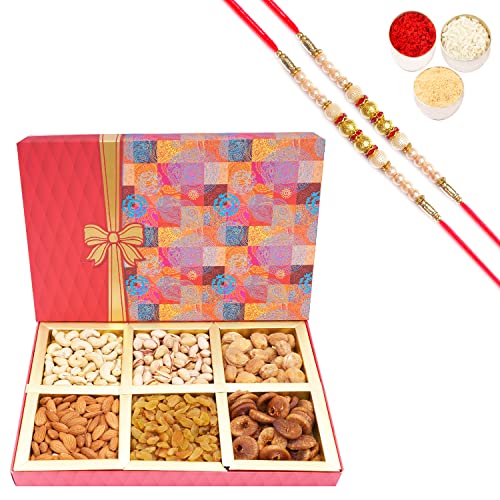 Ghasitaram Gifts Rakhi Gifts for Brothers Dryfruit - Fruit n Nut Box of 6 Dryfruits 300 GMS with 2 Pearl Rakhis von Ghasitaram Gifts