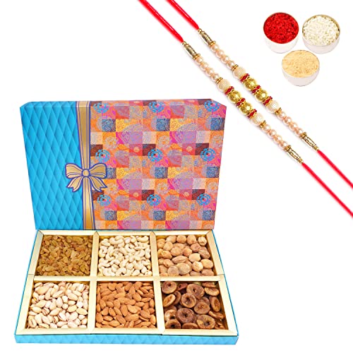 Ghasitaram Gifts Rakhi Gifts for Brothers Dryfruit - Fruit n Nut Box of 6 Dryfruits 600 GMS with 2 Pearl Rakhis von Ghasitaram Gifts