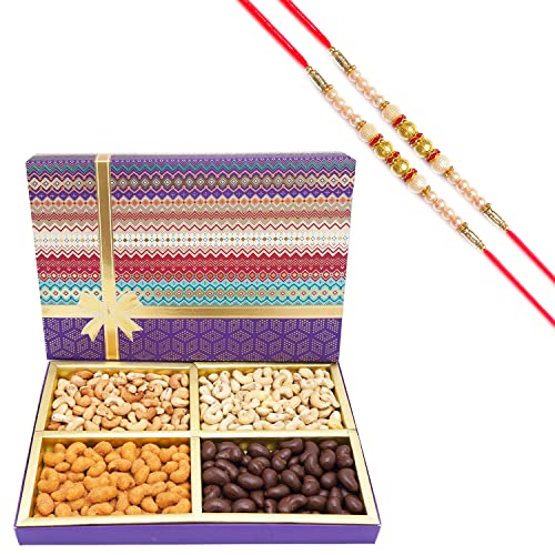 Ghasitaram Gifts Rakhi Gifts for Brothers Dryfruit - Fruit n nut Box of 4 Assorted Cashews 800 GMS with 2 Pearl Rakhis von Ghasitaram Gifts