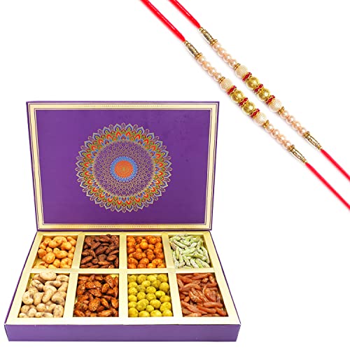 Ghasitaram Gifts Rakhi Gifts for Brothers Dryfruit - Fusion 8 Parti Box of Crunchy Cashews, Crunchy Peanuts, Flavoured Raisins and Flavoured Almonds with 2 Pearl Rakhis von Ghasitaram Gifts