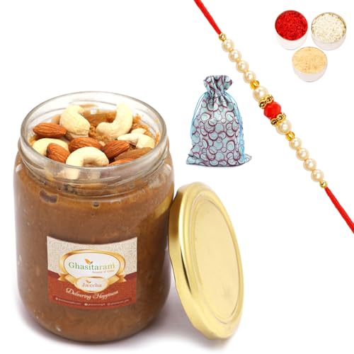 Ghasitaram Gifts Rakhi Gifts for Brothers Dryfruit Halwa in Potli with Pearl Beads Rakhi von Ghasitaram Gifts