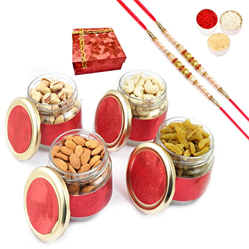 Ghasitaram Gifts Rakhi Gifts for Brothers Dryfruit - Red 4 Jars Dryfruit Box with 2 Pearl Rakhis von Ghasitaram Gifts