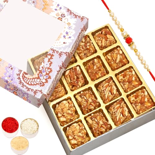 Ghasitaram Gifts Rakhi Gifts for Brothers Ghasitaram Gifts Rakhi Blue Printed 16 pcs Roasted Almond Sugarfree Bites Box with Beads Rakhi von Ghasitaram Gifts