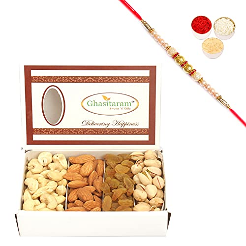 Ghasitaram Gifts Rakhi Gifts for Brothers Ghasitaram's Dryfruit Box(200gms) Pearl Rakhi von Ghasitaram Gifts