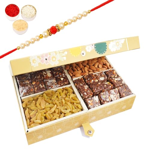 Ghasitaram Gifts Rakhi Gifts for Brothers Gold 4 Part with Almonds, Raisins, and Sugarfree Bites 1000 GMS with Beads Rakhi von Ghasitaram Gifts