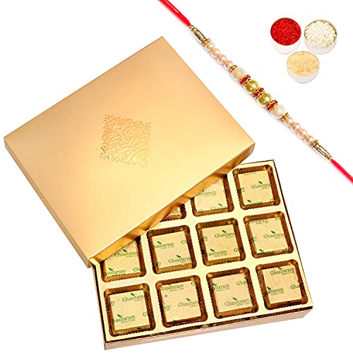 Ghasitaram Gifts Rakhi Gifts for Brothers Golden 12 pcs Roasted Almond Sugafree Chocolate Box with Pearl Rakhi von Ghasitaram Gifts