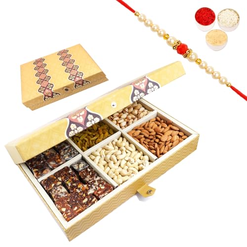 Ghasitaram Gifts Rakhi Gifts for Brothers Golden 6 Part Box with Dryfruits and Sugarfree Bites 1500 GMS with Beads Rakhi von Ghasitaram Gifts