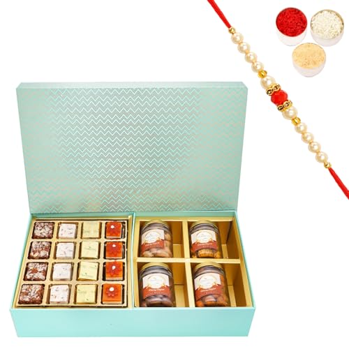 Ghasitaram Gifts Rakhi Gifts for Brothers Green Big Box of Assorted Bites, Crunchy Coated Cashews, Chocolate Coated Cashews, Garlic Cashews and Roasted Cashews with Pearl Beads Rakhi von Ghasitaram Gifts