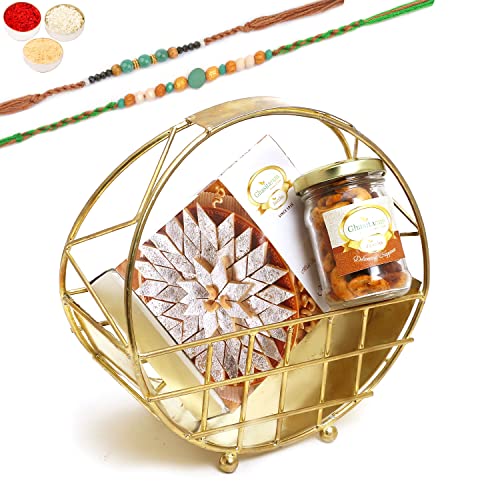 Ghasitaram Gifts Rakhi Gifts for Brothers Half Moon Metal Basket of Mix Dryfruits, Besan Barfi and 2 Rakhis with 2 Green Beads Rakhis von Ghasitaram Gifts