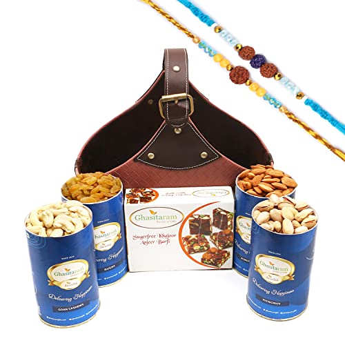 Ghasitaram Gifts Rakhi Gifts for Brothers Leather Buckle Basket Big of 4 Cans and Sugarfree Bites with 2 Blue Rudraksh Rakhis von Ghasitaram Gifts