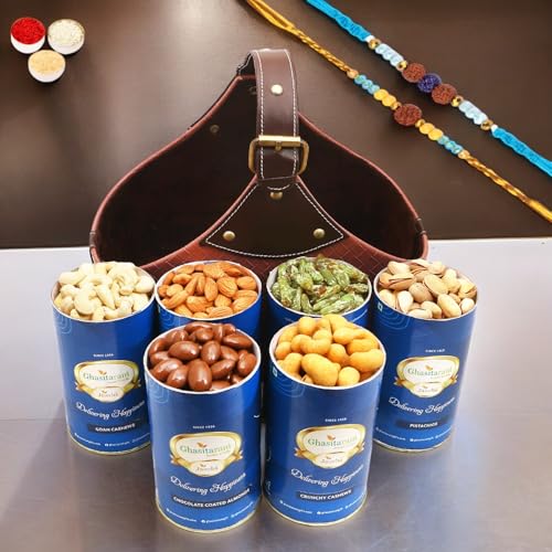 Ghasitaram Gifts Rakhi Gifts for Brothers Leather Buckle Basket Big of 6 Cans with 2 Blue Rudraksh Rakhis von Ghasitaram Gifts