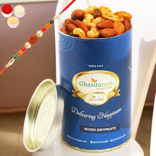 Ghasitaram Gifts Rakhi Gifts for Brothers Mix Salted Dryfruits Can with Rudraksh Rakhi von Ghasitaram Gifts