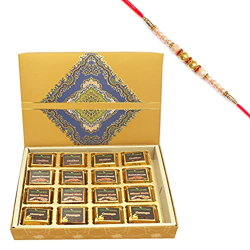 Ghasitaram Gifts Rakhi Gifts for Brothers Rakhi Chocolate 16 pcs Assorted Chocolates SQ Box with Pearl Rakhi von Ghasitaram Gifts