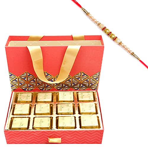 Ghasitaram Gifts Rakhi Gifts for Brothers Rakhi Chocolate 2 Part 12 Pcs Chocolate Bag Box with Pearl Rakhi von Ghasitaram Gifts