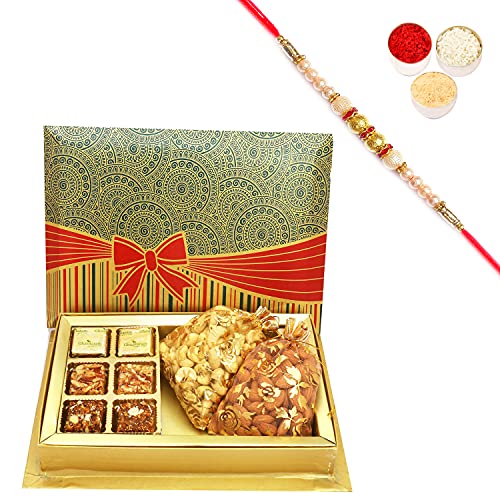 Ghasitaram Gifts Rakhi Gifts for Brothers Rakhi Chocolate 6 Pcs Assorted Choco Dryfruit Bites,Almonds, Cashews Pouches in Fancy Gift Box with Pearl Rakhi von Ghasitaram Gifts