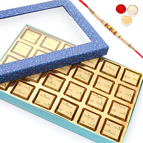 Ghasitaram Gifts Rakhi Gifts for Brothers Rakhi Chocolate Blue Window 24 Cavity Assorted Chocolate Box with Pearl Rakhi von Ghasitaram Gifts