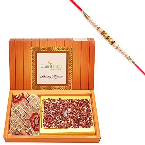 Ghasitaram Gifts Rakhi Gifts for Brothers Rakhi Chocolate Box of White Chocolate Bark and Almonds Pouch with Pearl Rakhi von Ghasitaram Gifts