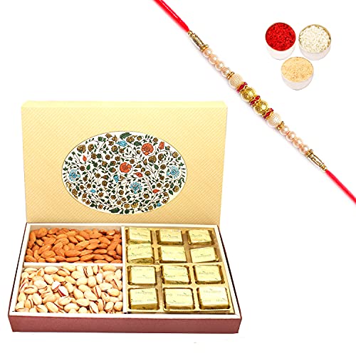 Ghasitaram Gifts Rakhi Gifts for Brothers Rakhi Chocolate Eco 4 Part Print 12 Pcs Chocolates ,Almonds and Pistachios Hamper Box with Pearl Rakhi von Ghasitaram Gifts