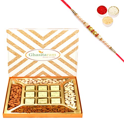 Ghasitaram Gifts Rakhi Gifts for Brothers Rakhi Chocolate Ghasitaram Special Dryfruits and 9 pcs Chocolates Box with Pearl Rakhi von Ghasitaram Gifts