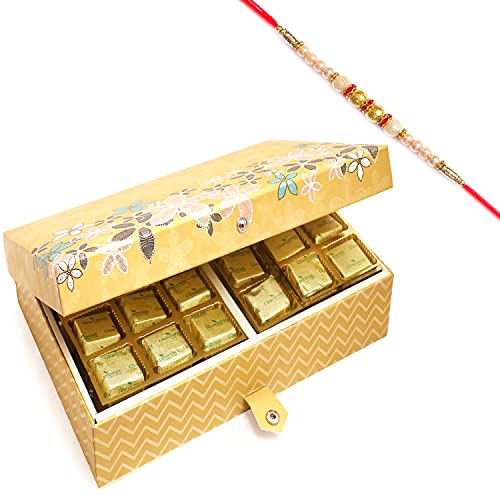 Ghasitaram Gifts Rakhi Gifts for Brothers Rakhi Chocolate Gold 4 Print 24 Pcs Roasted Almond Chocolate Box with Pearl Rakhi von Ghasitaram Gifts