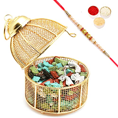 Ghasitaram Gifts Rakhi Gifts for Brothers Rakhi Chocolate Golden Cage with Stone Chocolates with Pearl Rakhi von Ghasitaram Gifts