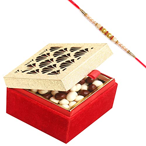 Ghasitaram Gifts Rakhi Gifts for Brothers Rakhi Chocolate Golden Lazer Nutties Box with Pearl Rakhi von Ghasitaram Gifts