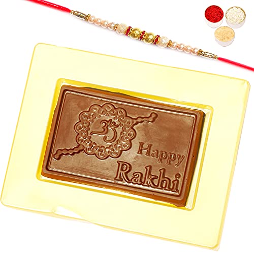 Ghasitaram Gifts Rakhi Gifts for Brothers Rakhi Chocolate "Happy Rakhi" Message Chocolate Bar Small Pearl Rakhi von Ghasitaram Gifts