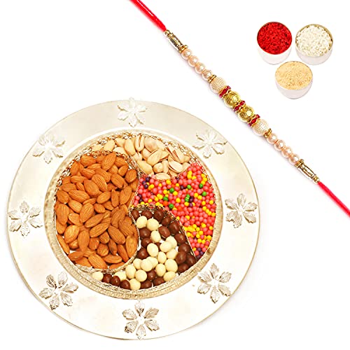 Ghasitaram Gifts Rakhi Gifts for Brothers Rakhi Chocolate Om Thali with Almonds, Pistachios, Nutties, Rice Crunchies with Pearl Rakhi von Ghasitaram Gifts