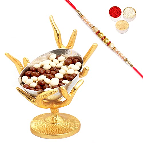 Ghasitaram Gifts Rakhi Gifts for Brothers Rakhi Chocolate Silver Designer Tree Nutties Bowl with Pearl Rakhi von Ghasitaram Gifts