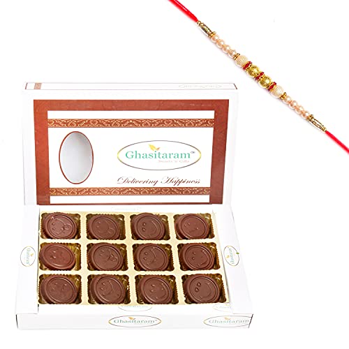 Ghasitaram Gifts Rakhi Gifts for Brothers Rakhi Chocolate Smiley Chococlates in White Box with Pearl Rakhi von Ghasitaram Gifts