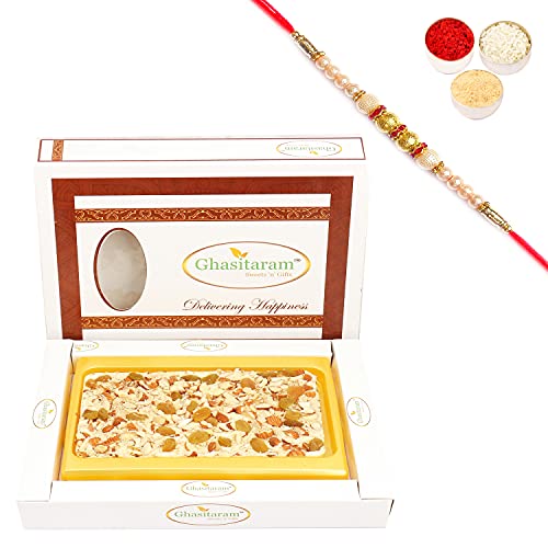 Ghasitaram Gifts Rakhi Gifts for Brothers Rakhi Chocolate White Dryfruit Chocolate Bark Big with Pearl Rakhi von Ghasitaram Gifts