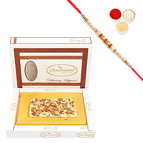 Ghasitaram Gifts Rakhi Gifts for Brothers Rakhi Chocolate White Dryfruit Chocolate Bark Small with Pearl Rakhi von Ghasitaram Gifts