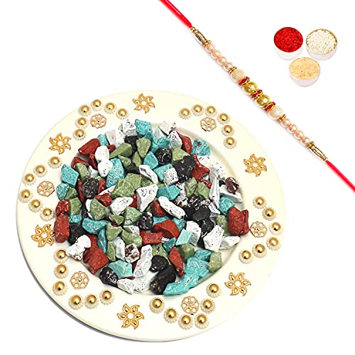 Ghasitaram Gifts Rakhi Gifts for Brothers Rakhi Chocolate White Metal Stone Chocolate Thali with Pearl Rakhi von Ghasitaram Gifts