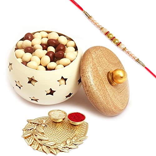 Ghasitaram Gifts Rakhi Gifts for Brothers Rakhi Chocolate White Wooden Nutties Jar with Pooja Thali with Pearl Rakhi von Ghasitaram Gifts