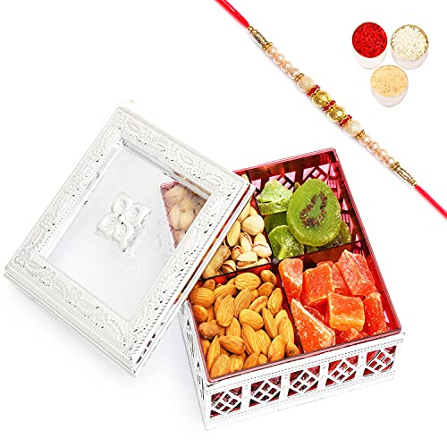 Ghasitaram Gifts Rakhi Gifts for Brothers Rakhi Dryfruit - Erica Multipurpose Almonds, Pistachios, Kiwi and Papaya Box with Pearl Rakhi von Ghasitaram Gifts