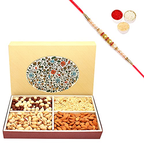 Ghasitaram Gifts Rakhi Gifts for Brothers Rakhi Dryfruit Hampers - Eco 4 Part Print Hamper Box with Almonds, Pistachios, Namkeen and Nutties 600 GMS with Pearl Rakhi von Ghasitaram Gifts