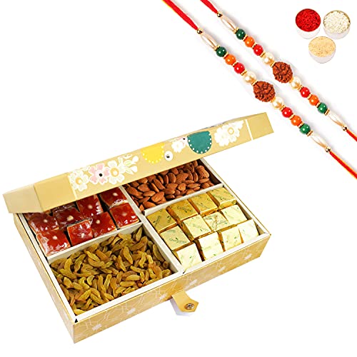 Ghasitaram Gifts Rakhi Gifts for Brothers Rakhi Dryfruit Hampers - Gold 4 Part with Almonds,Raisins, and Assorted Bites 1000 GMS with 2 Rudraksh rakhis von Ghasitaram Gifts