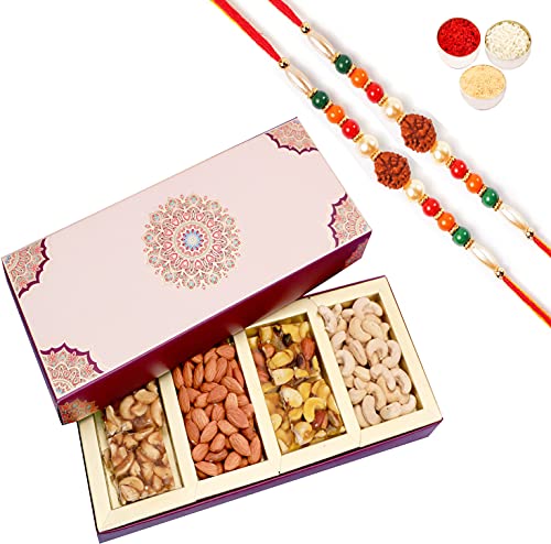 Ghasitaram Gifts Rakhi Gifts for Brothers Rakhi Dryfruit Hampers - Long Fusion Cashews,Almonds, Dryfruit Chikki Box Hamper with 2 Rudraksh rakhis von Ghasitaram Gifts