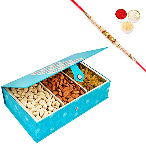 Ghasitaram Gifts Rakhi Gifts for Brothers Rakhi Dryfruits Blue Rectangular Box of Cashews, Almonds and Raisins 300 GMS with Pearl Rakhi von Ghasitaram Gifts