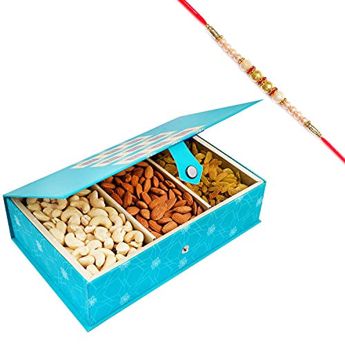 Ghasitaram Gifts Rakhi Gifts for Brothers Rakhi Dryfruits Blue Rectangular Box of Cashews, Almonds and Raisins 600 GMS with Pearl Rakhi von Ghasitaram Gifts