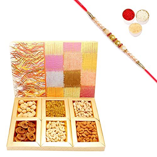 Ghasitaram Gifts Rakhi Gifts for Brothers Rakhi Dryfruits Colurful dryfruit Box 600 GMS with Pearl Rakhi von Ghasitaram Gifts