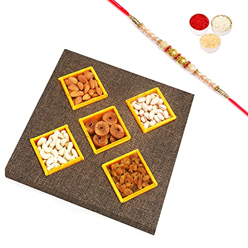 Ghasitaram Gifts Rakhi Gifts for Brothers Rakhi Dryfruits- Jute 5 Part Dryfruit Tray with Pearl Rakhi von Ghasitaram Gifts