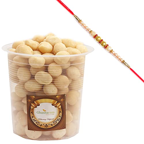 Ghasitaram Gifts Rakhi Gifts for Brothers Rakhi Dryfruits Macadamia Nuts- Ghasitaram's Macadamia Nuts 400 GMS with Pearl Rakhi von Ghasitaram Gifts