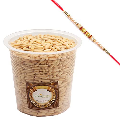 Ghasitaram Gifts Rakhi Gifts for Brothers Rakhi Dryfruits Pine Nuts- Ghasitaram's Pine Nuts Without Shell (Chilgoza) 800 GMS with Pearl Rakhi von Ghasitaram Gifts