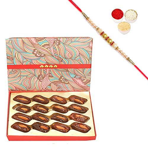 Ghasitaram Gifts Rakhi Gifts for Brothers Rakhi Dryfruits- Pink Print Premium Dates with Almonds Box with Pearl Rakhi von Ghasitaram Gifts