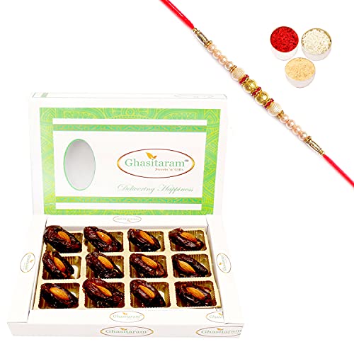 Ghasitaram Gifts Rakhi Gifts for Brothers Rakhi Dryfruits- Premum Dates with Almonds in White Box with Pearl Rakhi von Ghasitaram Gifts