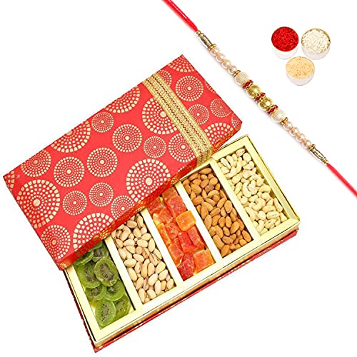 Ghasitaram Gifts Rakhi Gifts for Brothers Rakhi Dryfruits - Satin 5 Part Assorted Dryfruit Box with Pearl Rakhi von Ghasitaram Gifts