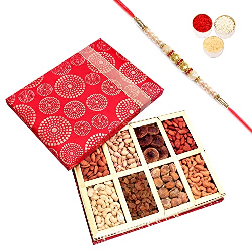 Ghasitaram Gifts Rakhi Gifts for Brothers Rakhi Dryfruits - Satin 8 Part Dryfruit Box with Pearl Rakhi von Ghasitaram Gifts